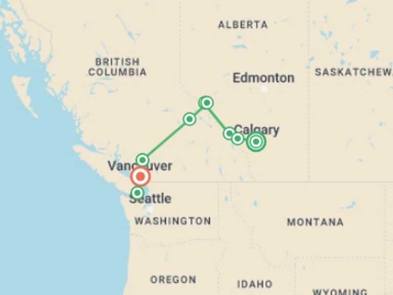 Map itinerary of Canada Tour in Spring with 10 destination visits for the trip: Journeys: Discover the Canadian Rockies - Westbound
