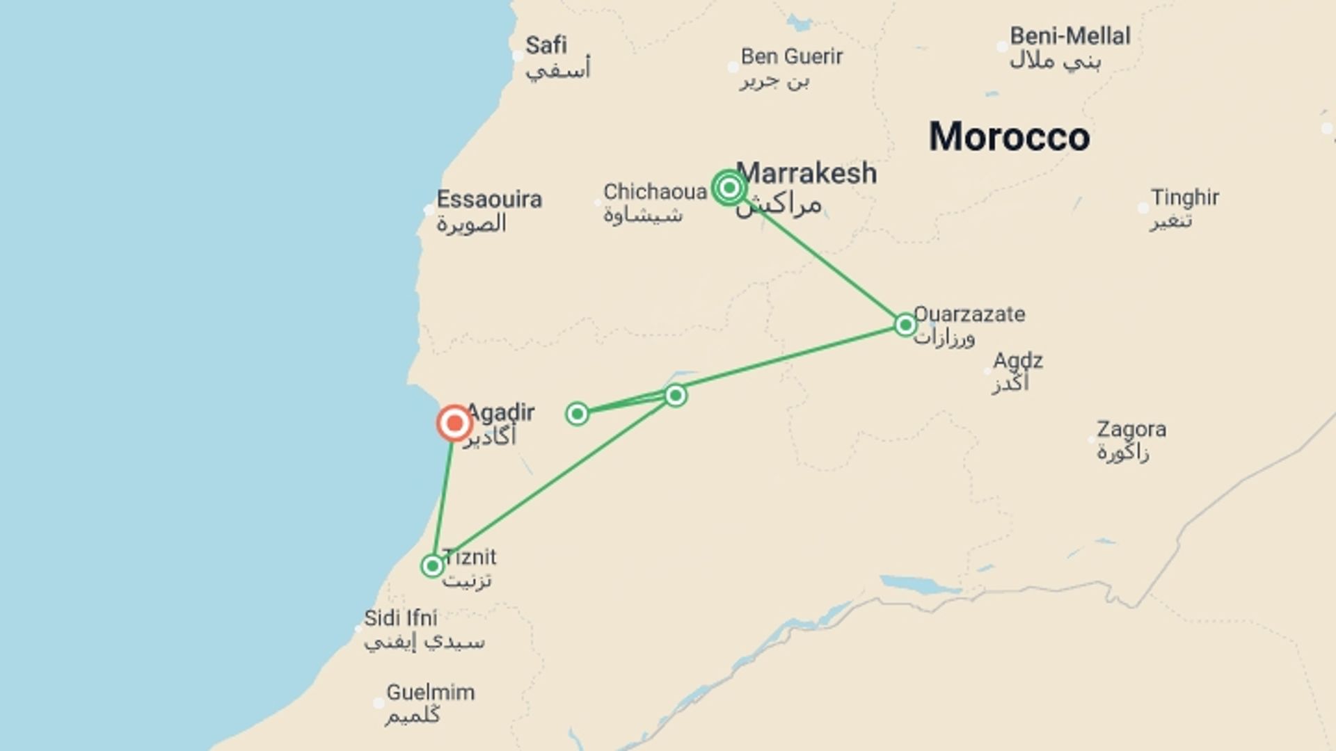 A map showing the tour itinerary for the trip: Oasis Of The South, Self-drive, starting in Marrakech, Morocco and ending in Agadir, Morocco going through 3 other destinations.