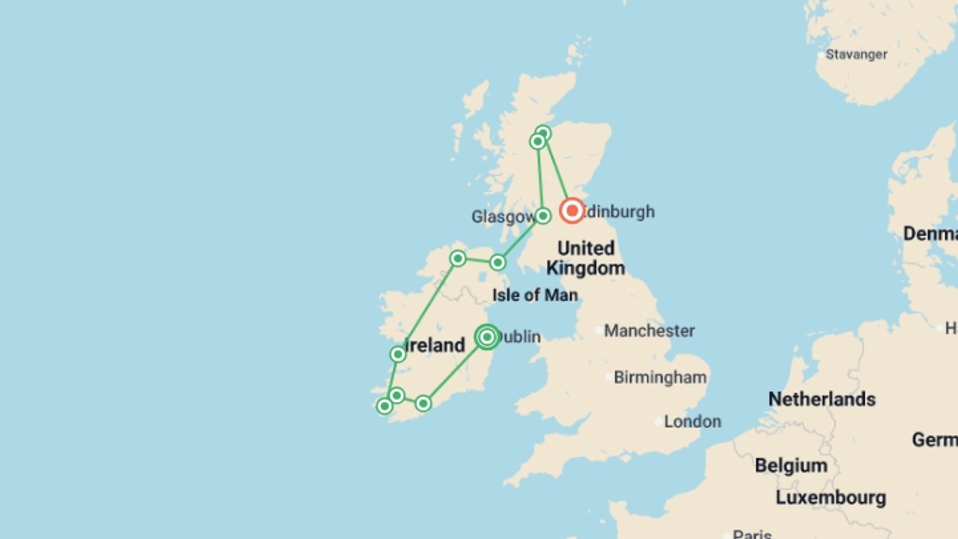 A map showing the tour itinerary for the trip: Best of Ireland & Scotland - Small Group, starting in Dublin, Ireland and ending in Edinburgh, Scotland going through 9 other destinations.