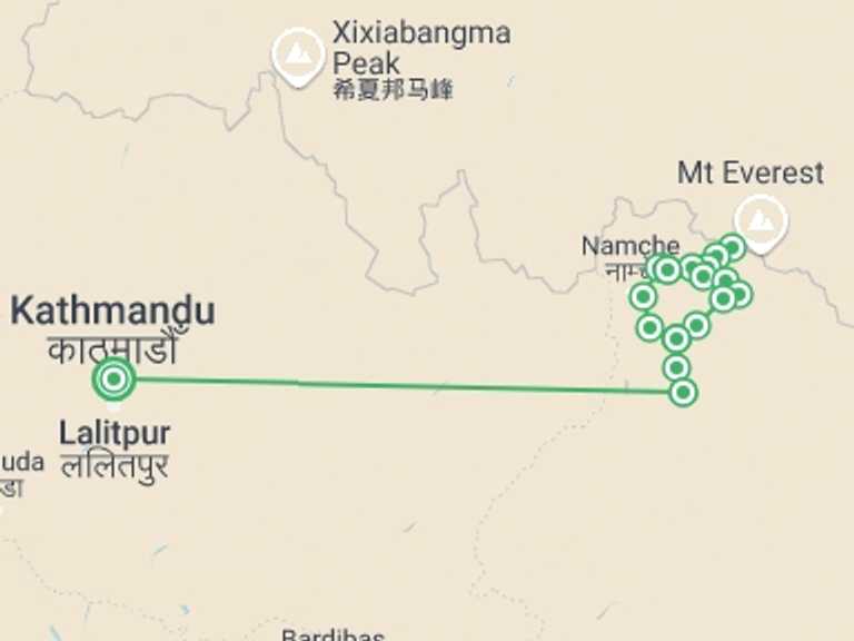 Map of a Mountains Tour with 16 destination visits for the trip: Everest High Passes Trek