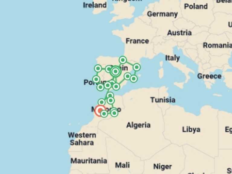 Map of Mediterranean Tour with 20 destination visits for the trip: Best of Spain, Portugal and Morocco