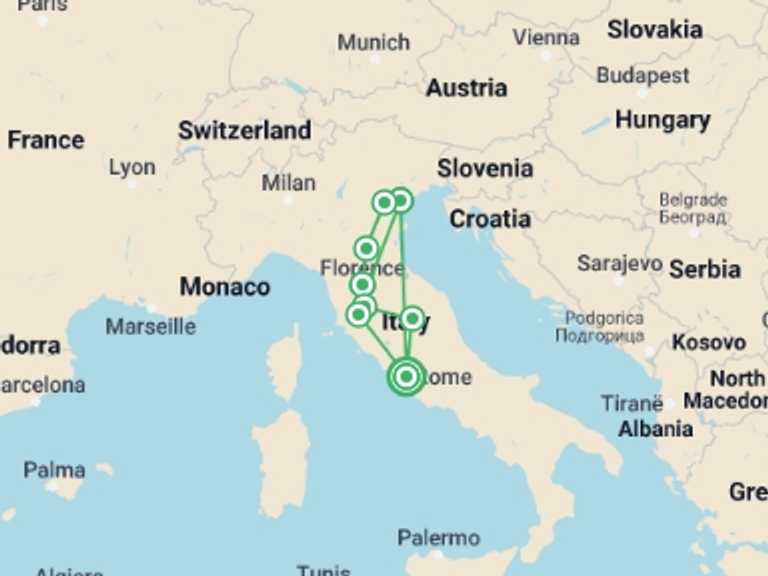 Map of 8-Day Venice Tour with 3 destination visits for the trip: All'italiana