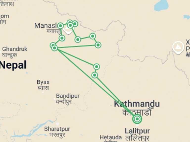Map of 14-Day Kathmandu Tour with 14 destination visits for the trip: Manaslu Trek