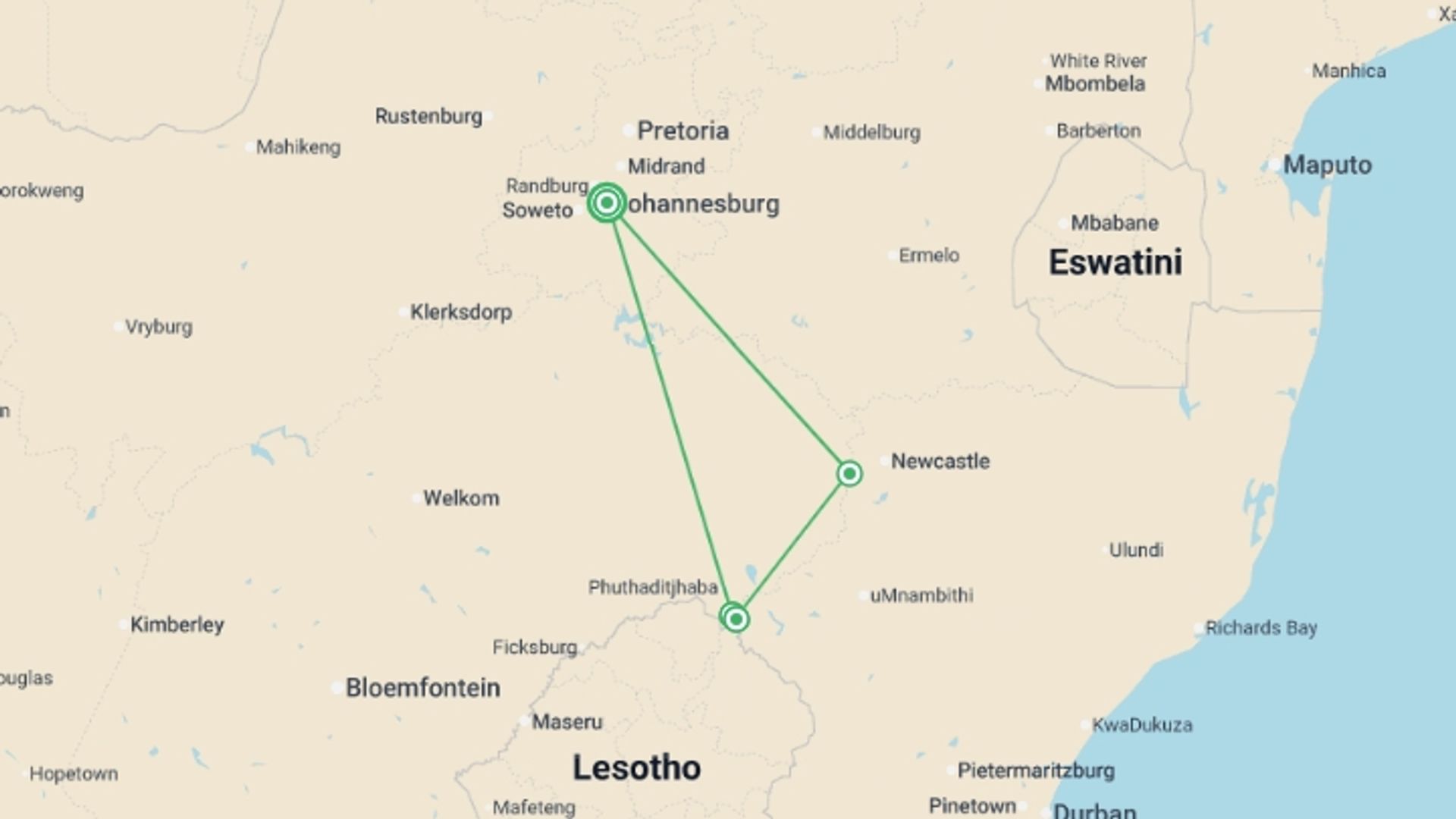A map showing the tour itinerary for the trip: Drakensberg Walking Tour, starting in Johannesburg, South Africa and ending in Johannesburg, South Africa going through 5 other destinations.
