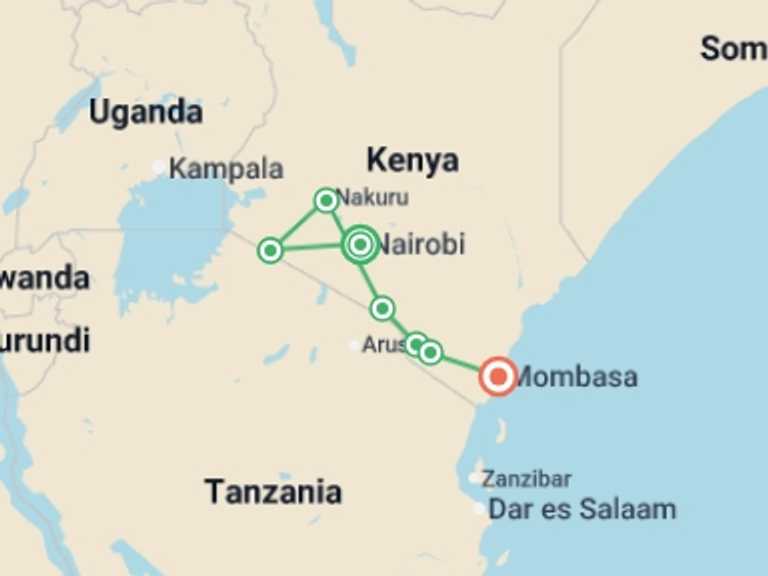 Map itinerary of Africa Tour in September 2026 with 7 destination visits for the trip: Kenya Odyssey, Private Tour