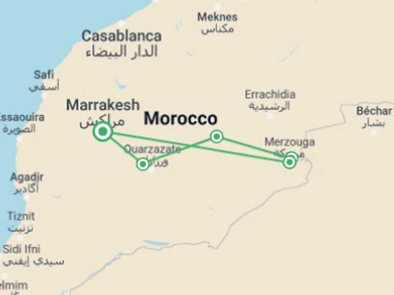 Map itinerary of Marrakech Tour in Summer with 3 destination visits for the trip: Sahara Mini Adventure