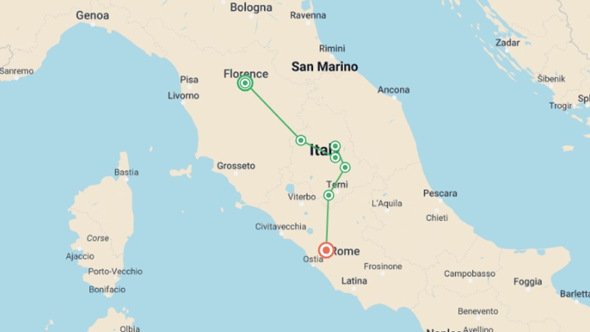 A map showing the tour itinerary for the trip: Florence to Rome by Bike, starting in Florence, Italy and ending in Rome, Italy going through 5 other destinations.