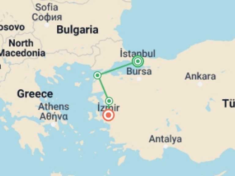 Map of Ephesus Natural landmarks sightseeing Tour with 8 destination visits for the trip: Western Turkey Explorer - 5 Days