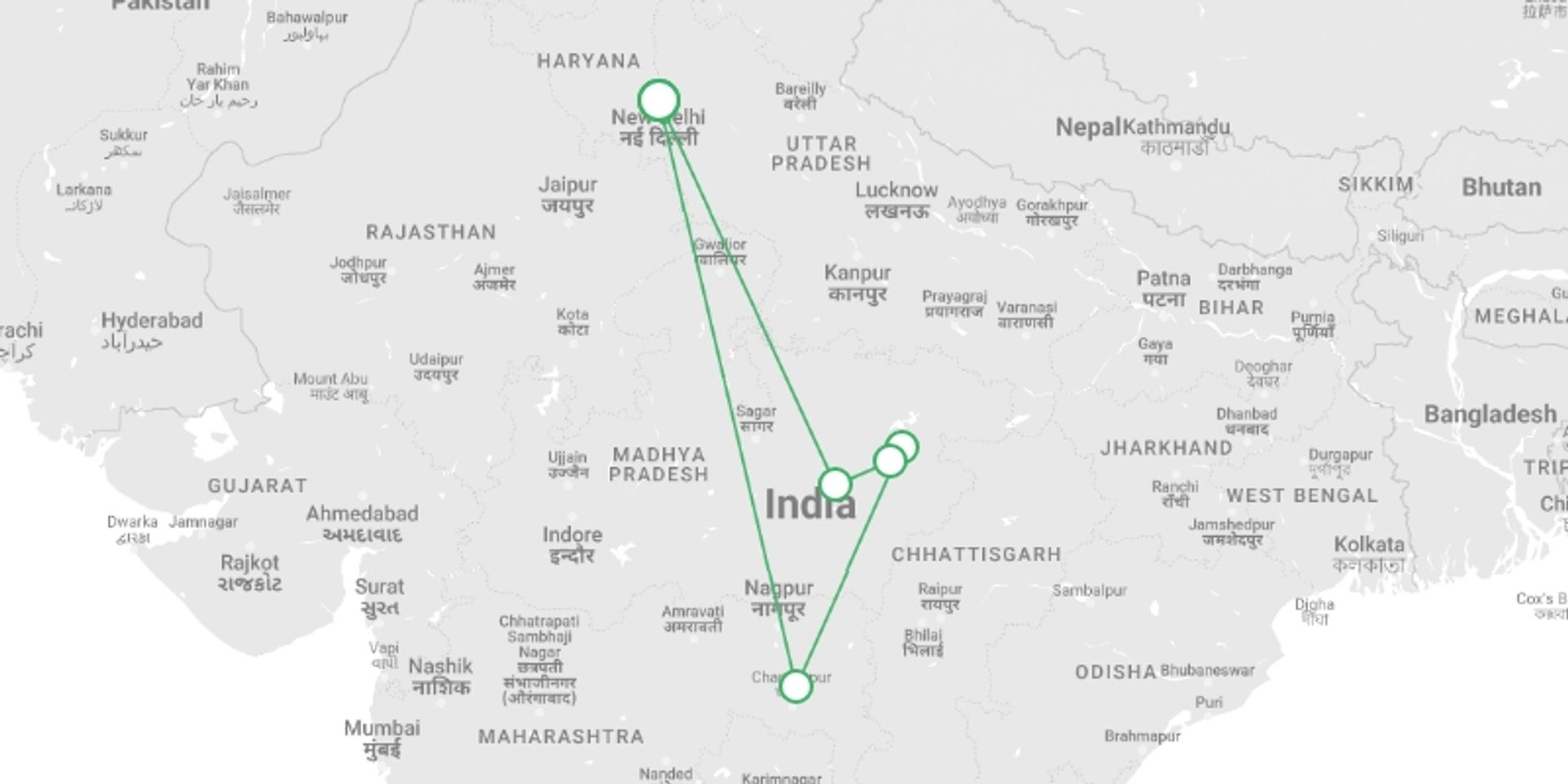 A map showing the tour itinerary for the trip: India Photography Safari with Paul Goldstein - Reverse Itinerary, starting in undefined, India and ending in undefined, India going through 0 other destinations.