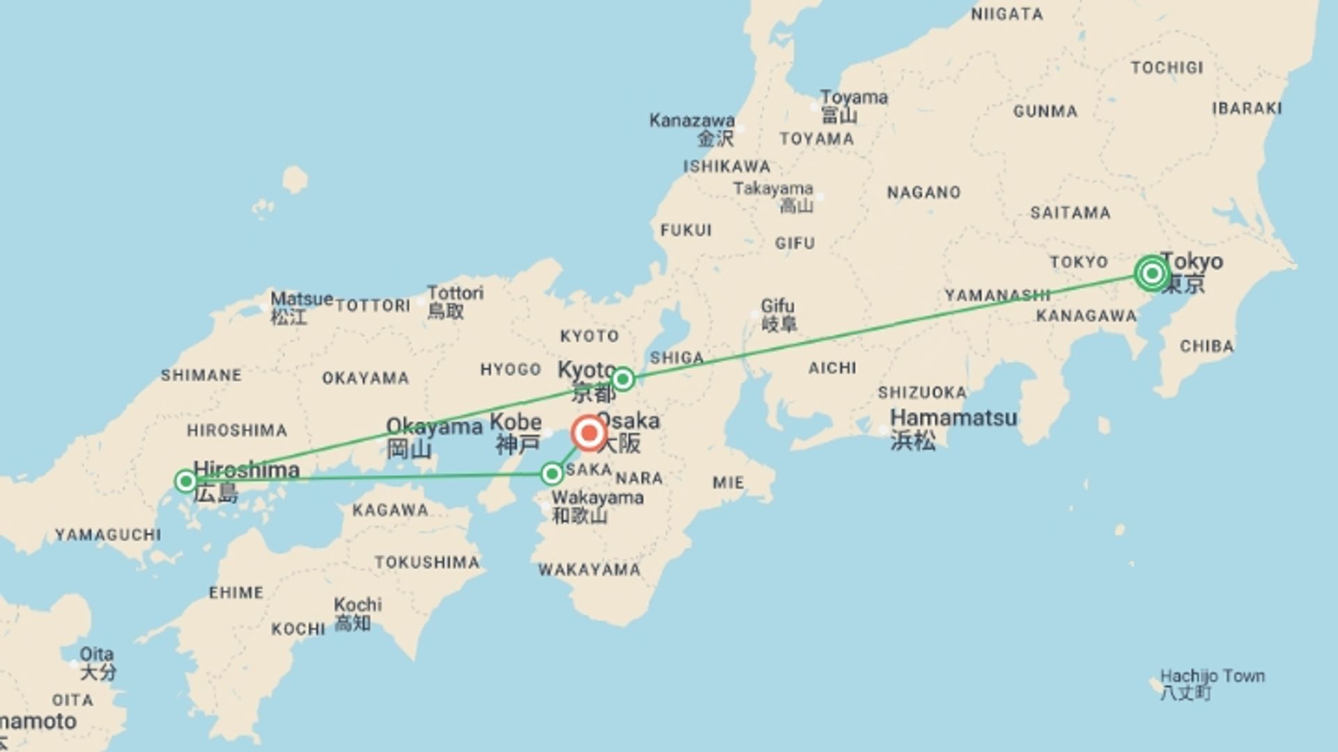 A map showing the tour itinerary for the trip: Japan Golden Route Tour with Hiroshima, starting in Tokyo, Japan and ending in Osaka, Japan going through 3 other destinations.