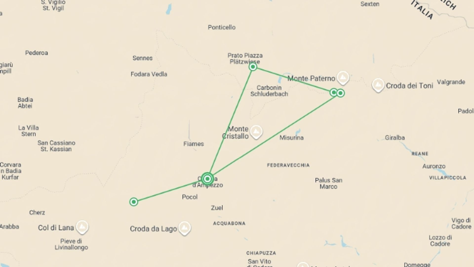 A map showing the tour itinerary for the trip: Dolomites Guided Hike, starting in Cortina d'Ampezzo, Italy and ending in Cortina d'Ampezzo, Italy going through 5 other destinations.
