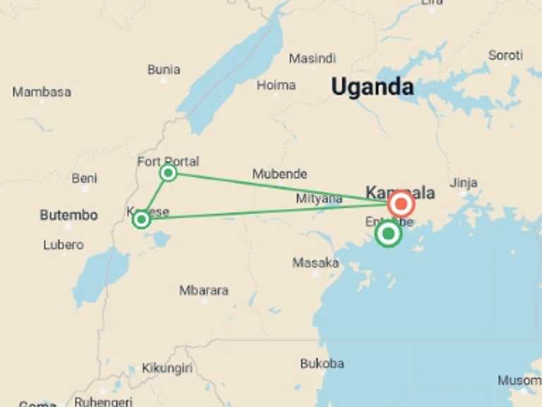 Map itinerary of Uganda Tour in Fall with 4 destination visits for the trip: Mountains of the Moon