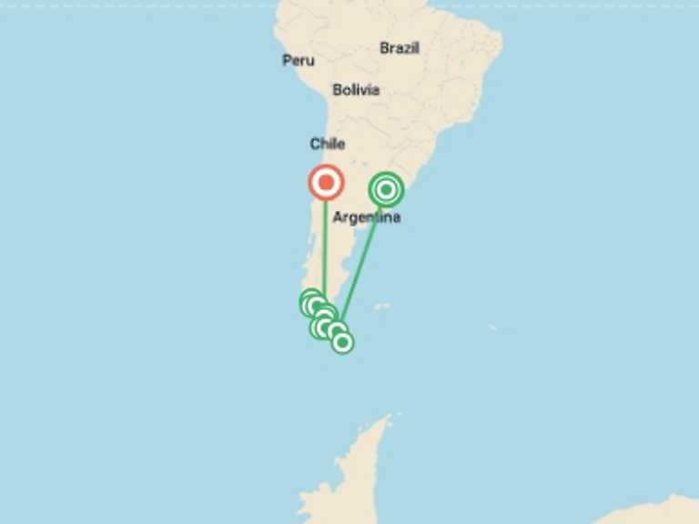 Map itinerary of Puerto Natales Tour in March 2027 with 10 destination visits for the trip: Essential Patagonia: Fjords & Torres del Paine
