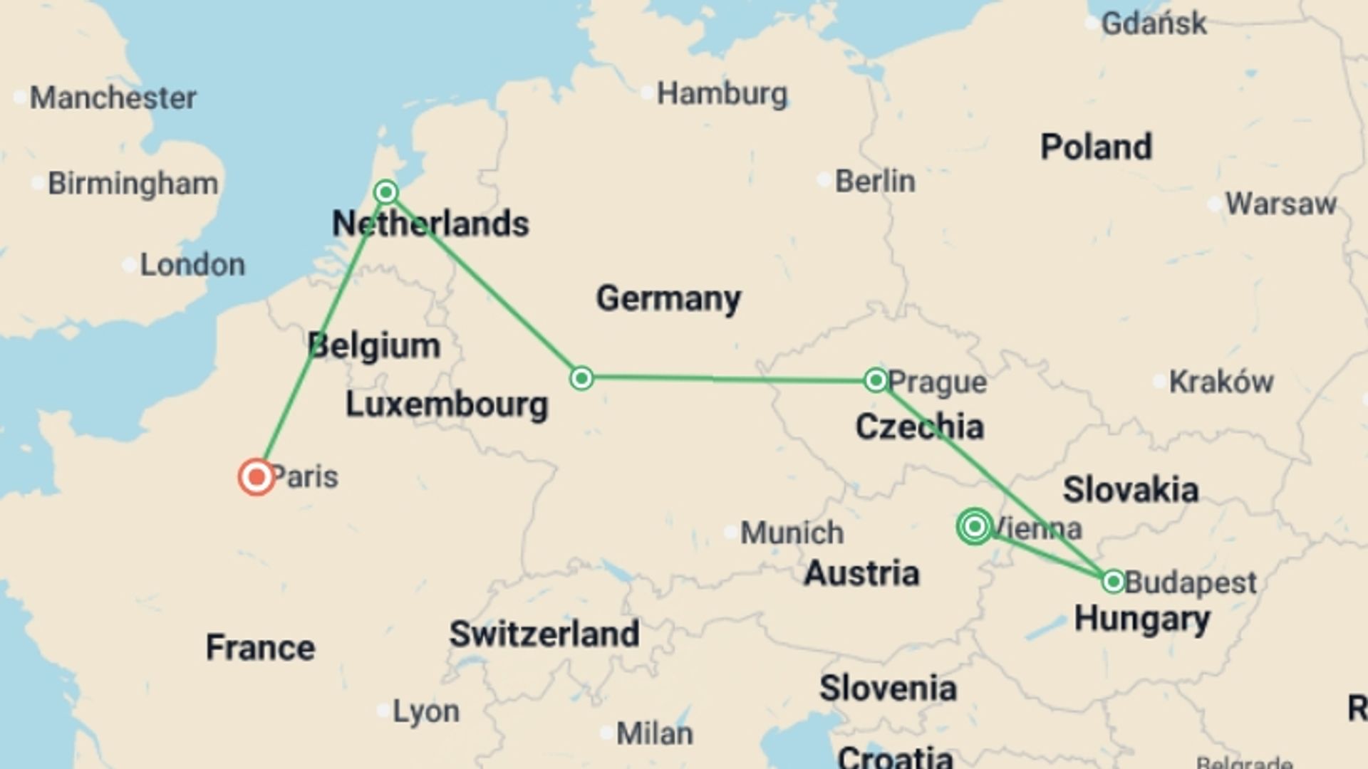 A map showing the tour itinerary for the trip: From East to West, starting in Vienna, Austria and ending in Paris, France going through 4 other destinations.
