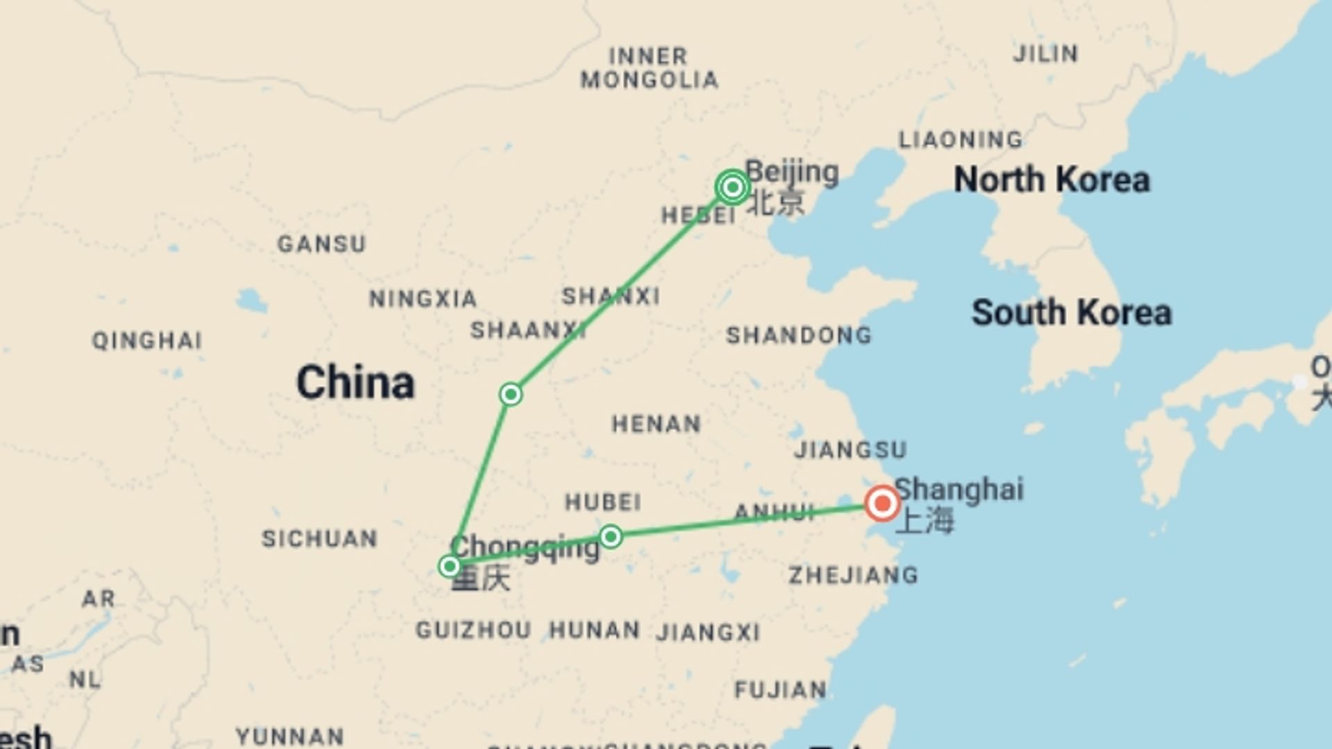 A map showing the tour itinerary for the trip: 11-Day China Highlights Tour, starting in Beijing, China and ending in Shanghai, China going through 4 other destinations.