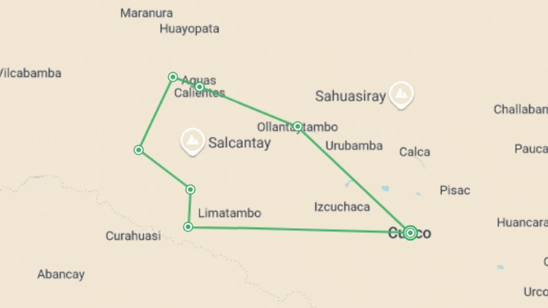 A map showing the tour itinerary for the trip: Salkantay Backpacker Trek to Machu Picchu 5D/4N, starting in Cusco, Peru and ending in Cusco, Peru going through 4 other destinations.