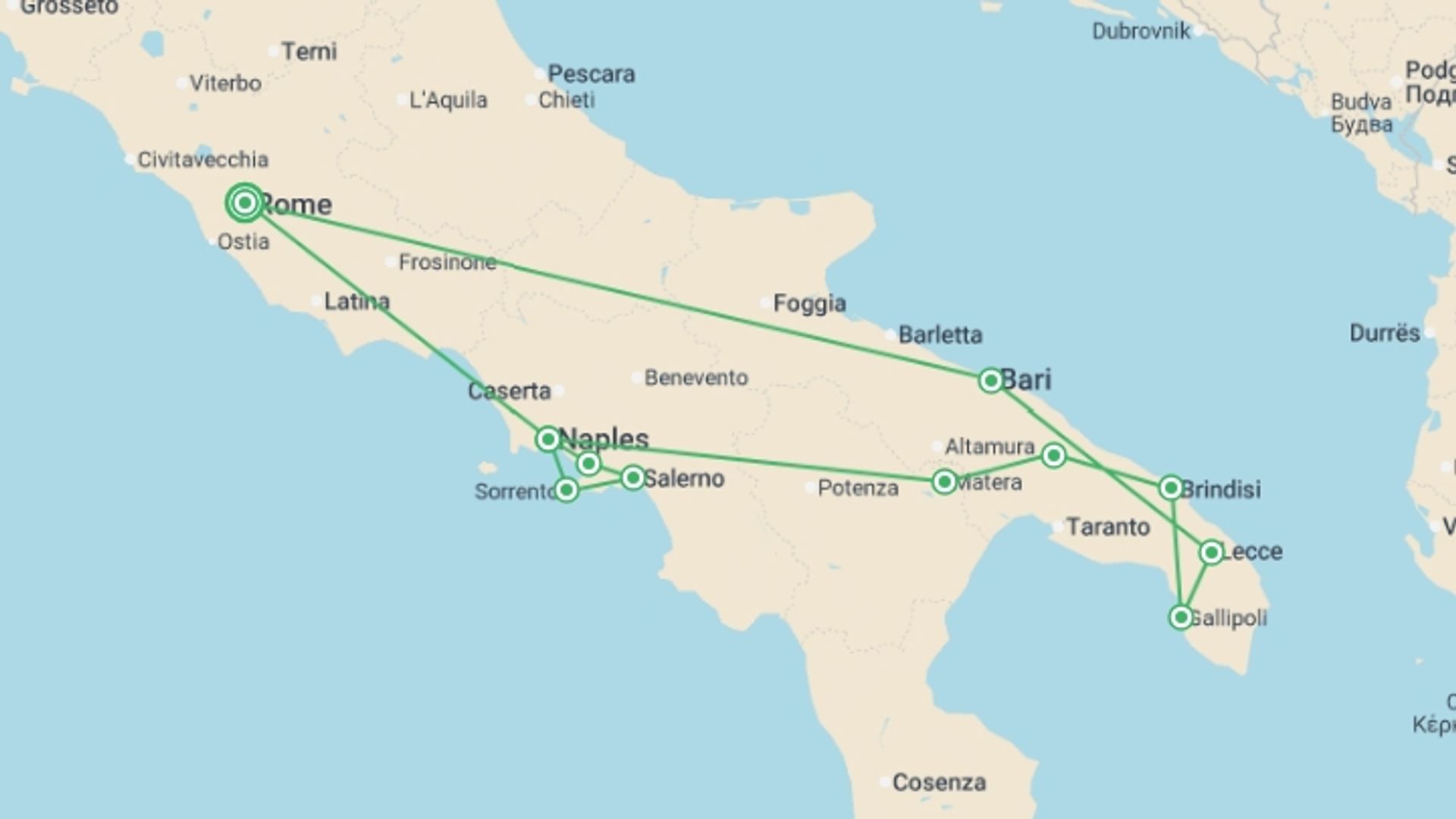 A map showing the tour itinerary for the trip: Beautiful Puglia and Campania, starting in Rome, Italy and ending in Rome, Italy going through 4 other destinations.