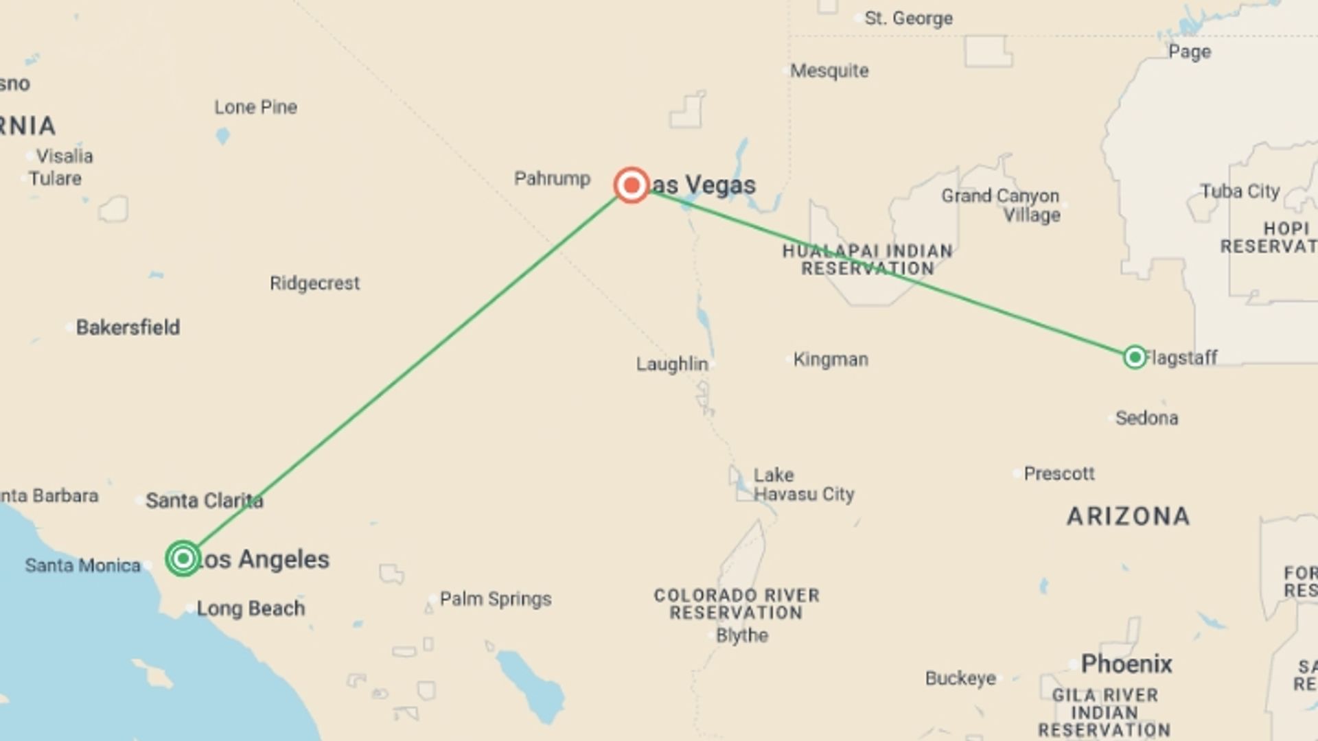 A map showing the tour itinerary for the trip: Los Angeles, Las Vegas, and the Grand Canyon, starting in Los Angeles, USA and ending in Las Vegas, USA going through 1 other destinations.