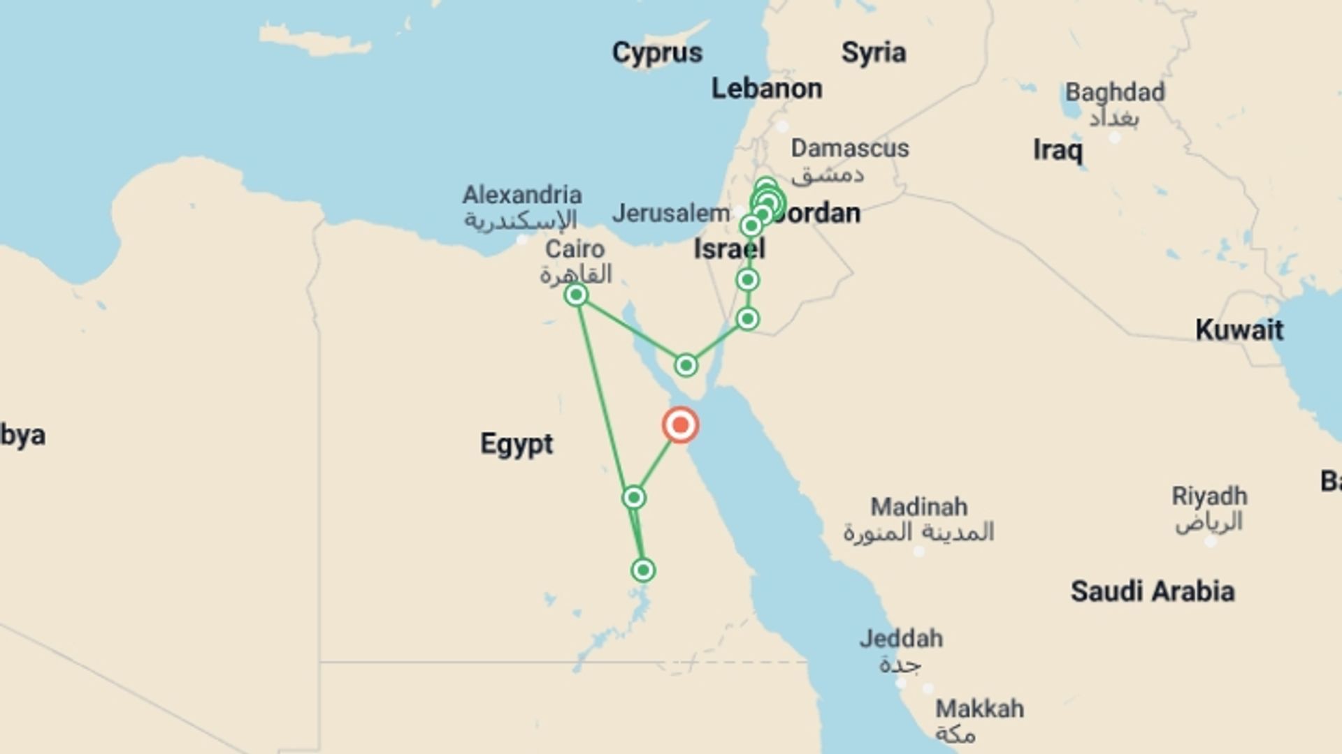 A map showing the tour itinerary for the trip: Magical Jordan, Beauties of the Nile and Hurghada, starting in Amman, Jordan and ending in Hurghada, Egypt going through 7 other destinations.
