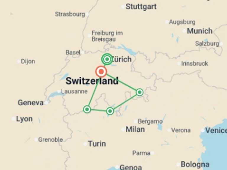 Map itinerary of Europe Tour in August 2026 with 6 destination visits for the trip: Alpine Lakes & Scenic Trains featuring a cruise on Lake Maggiore and scenic trains in Switzerland & Italy