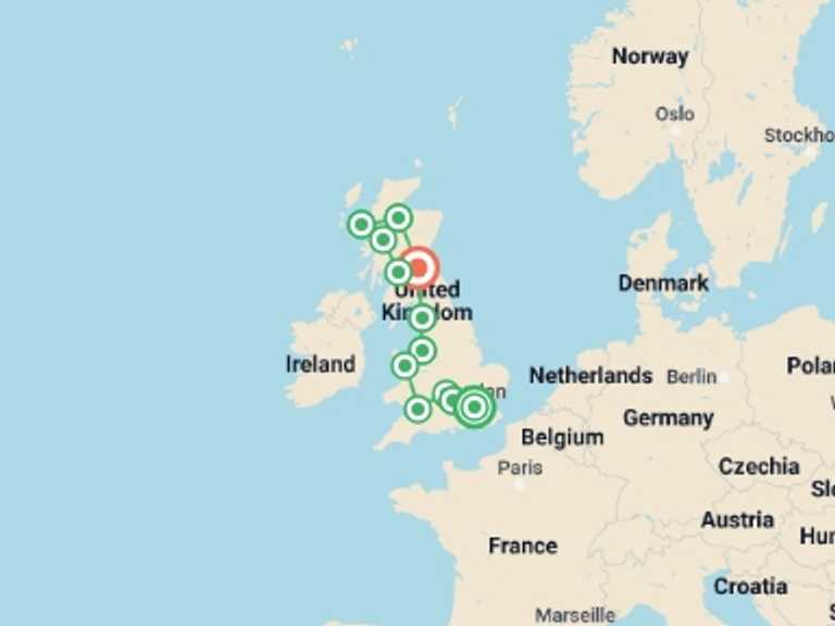 Map itinerary of London Tour in April 2027 with 12 destination visits for the trip: Best of England, Wales and Scotland