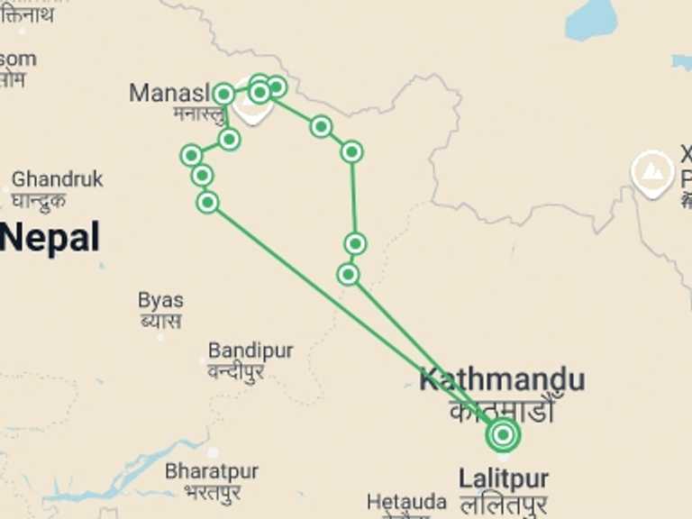 Map itinerary of Kathmandu Tour in Winter with 14 destination visits for the trip: Manaslu Circuit Trek-14 days