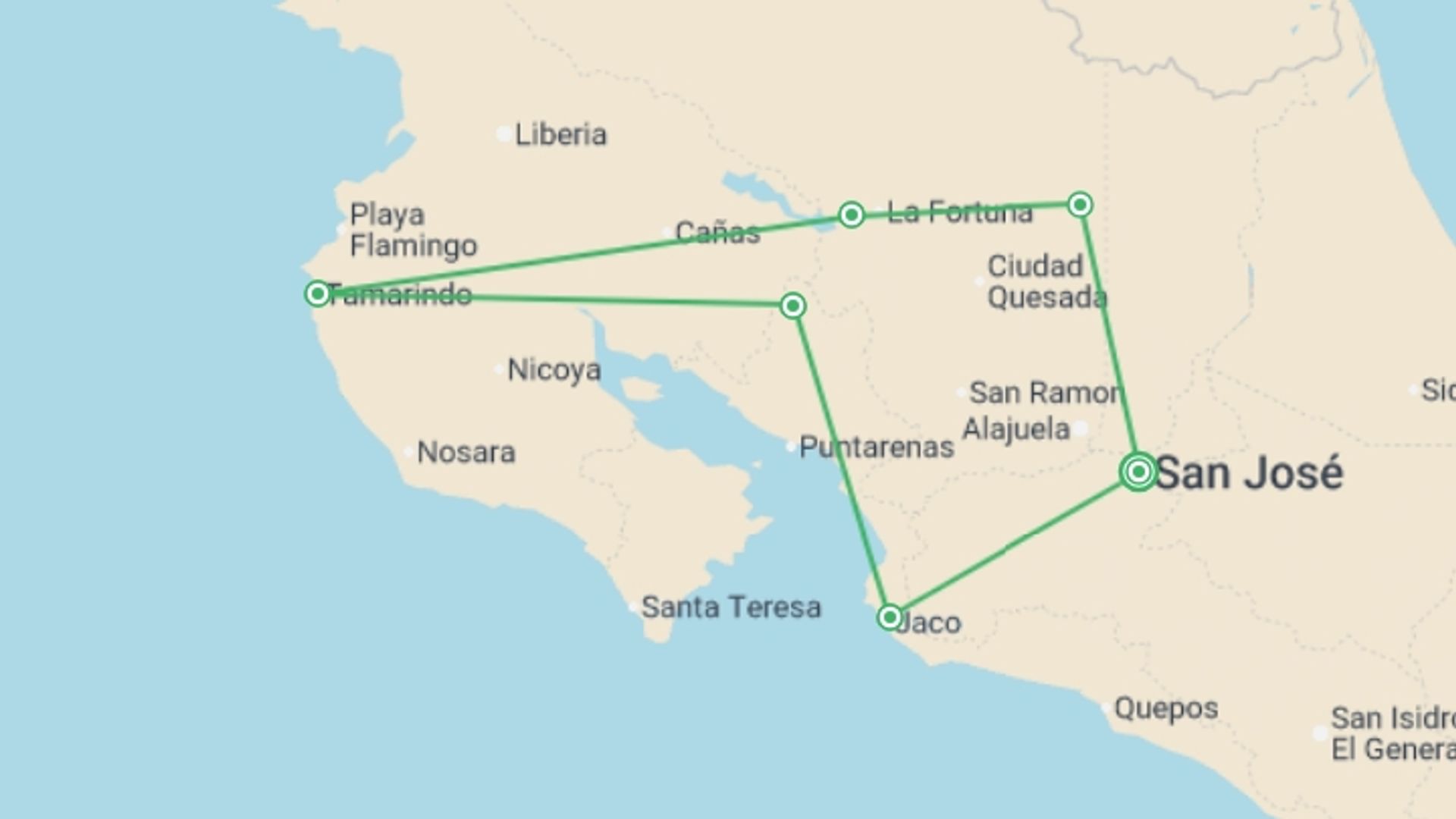 A map showing the tour itinerary for the trip: Best of Costa Rica, starting in San Jose, Costa Rica and ending in San Jose, Costa Rica going through 1 other destinations.