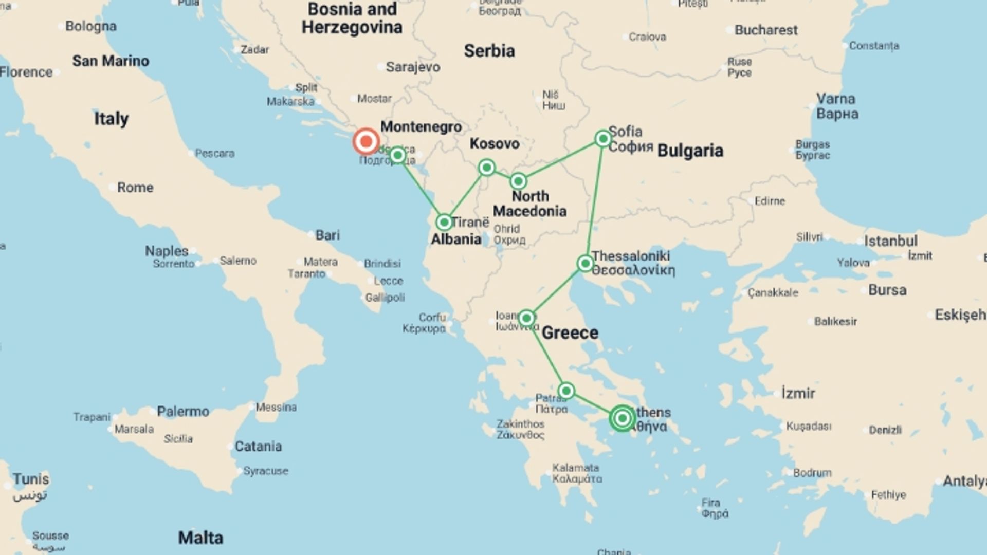 A map showing the tour itinerary for the trip: Ancient Greece & Western Balkans - 9 days, starting in Athens, Greece and ending in Dubrovnik, Croatia going through 5 other destinations.