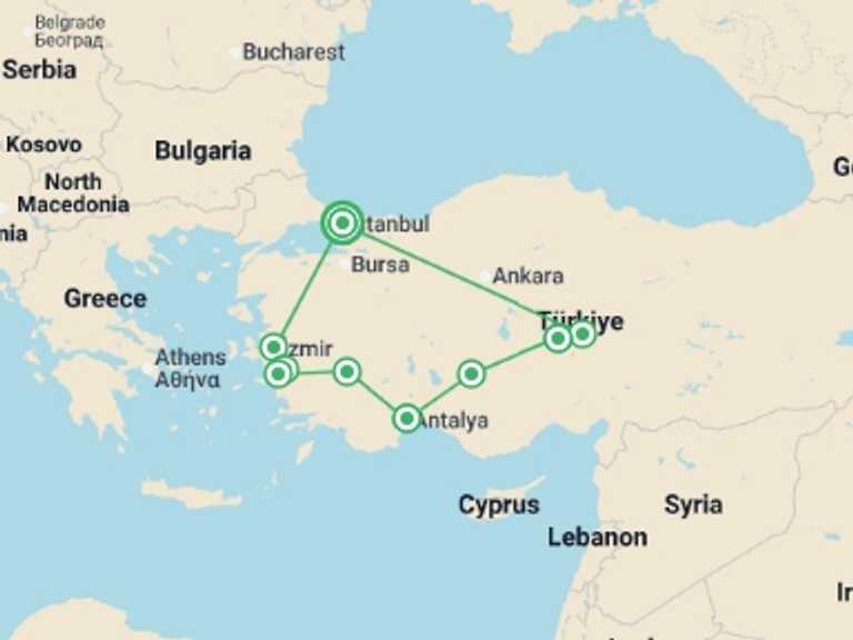 Map of Europe Tour with 6 destination visits for the trip: Turkish Delight With Cappadocia