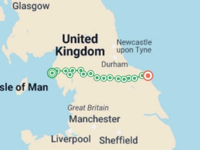 Map of England Tour with 18 destination visits for the trip: Walking from Coast to Coast