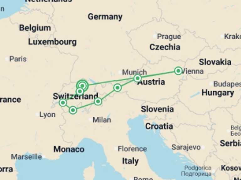 Map of Europe Tour with 8 destination visits for the trip: Switzerland and Austria