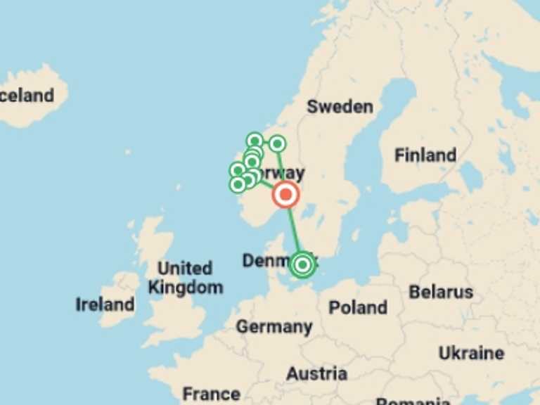 Map itinerary of Europe Tour in August 2026 with 7 destination visits for the trip: Fjords, Charms & Traditions from Copenhagen - 11 days