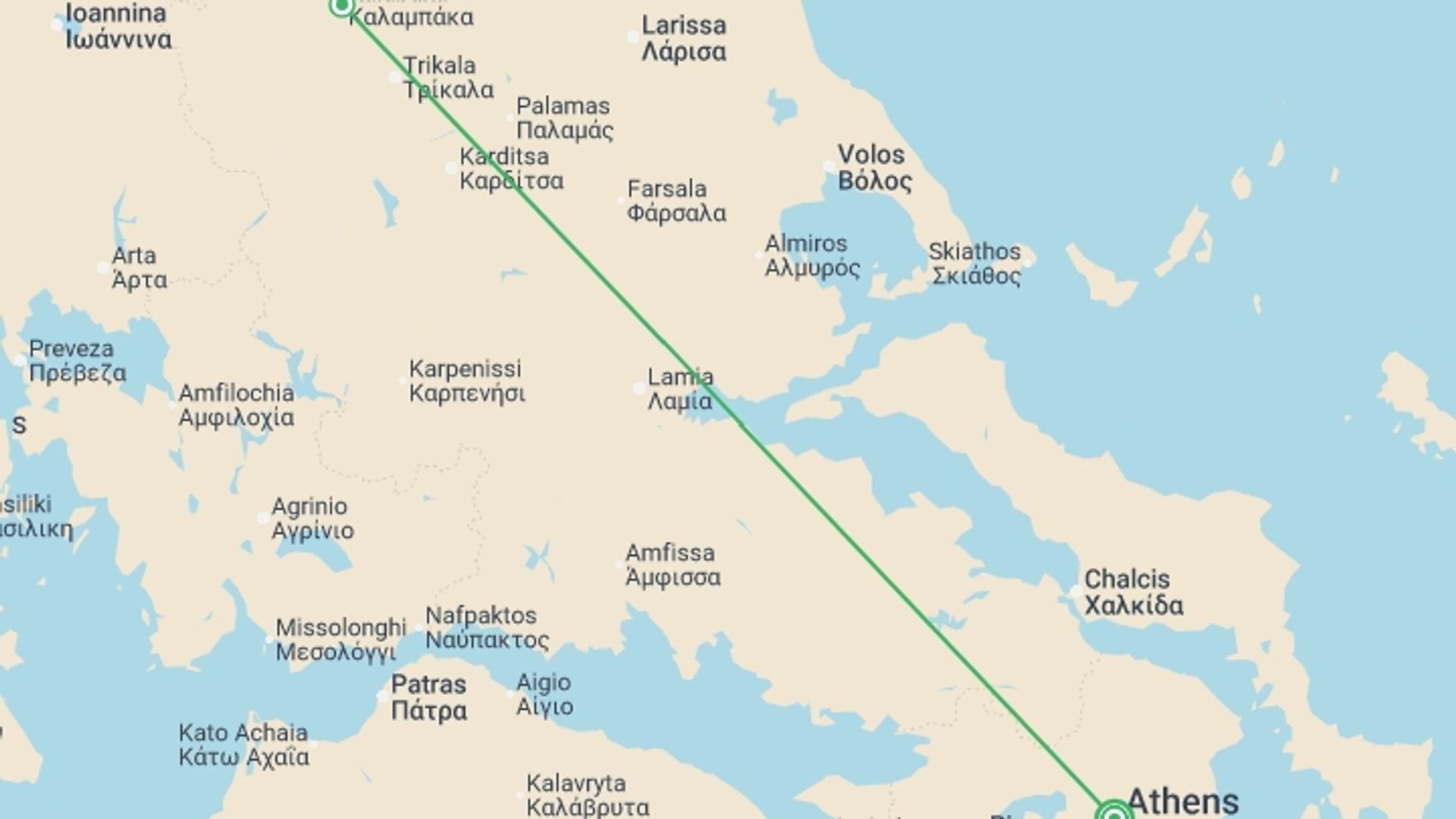 A map showing the tour itinerary for the trip: Essential Greece, starting in Athens, Greece and ending in Athens, Greece going through 2 other destinations.