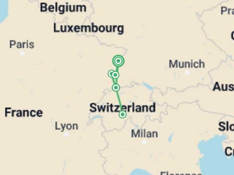 Map of 5-Day Strasbourg Tour with 3 destination visits for the trip: From the Heart of Alsace to Summits in the Swiss Alps (port-to-port cruise)