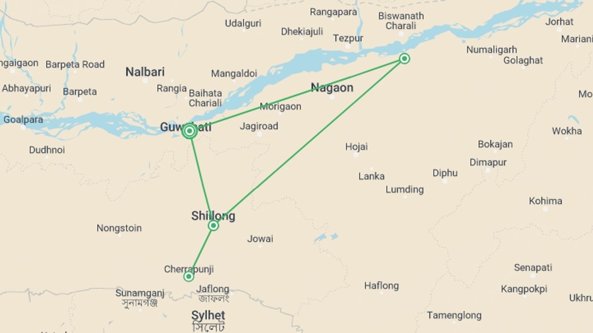 A map showing the tour itinerary for the trip: North-East with Wildlife in Kaziranga, starting in Guwahati, India and ending in Guwahati, India going through 3 other destinations.