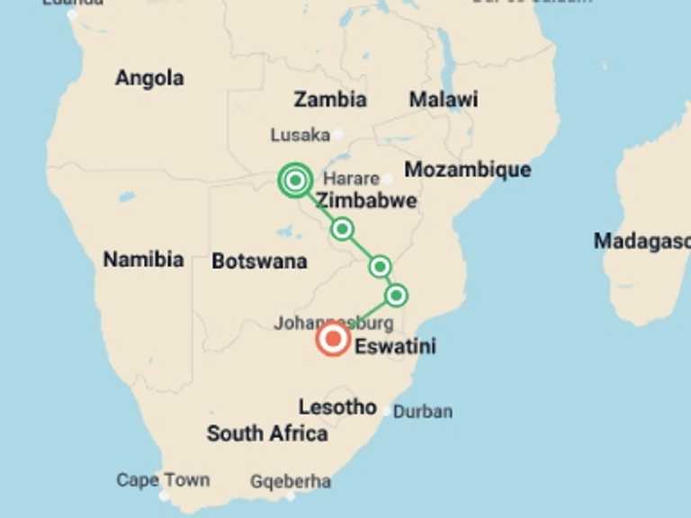Map of Africa Tour with 5 destination visits for the trip: Victoria Falls to South Africa Overland Safari & Participation Camping