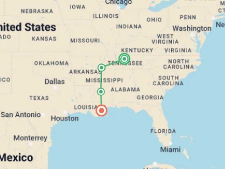 Map itinerary of USA Tour in September 2027 with 4 destination visits for the trip: Soul of the Deep South, a Women-Only Tour