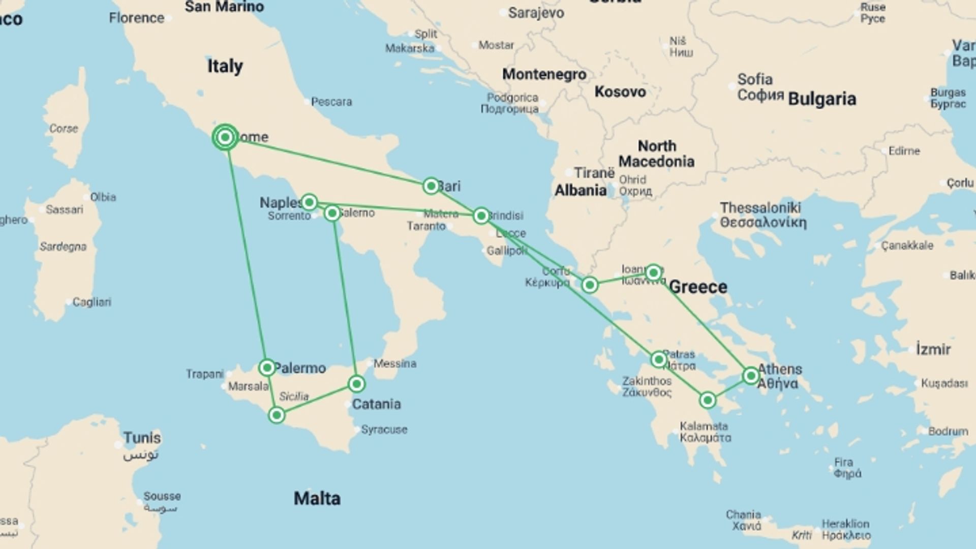 A map showing the tour itinerary for the trip: Rome, Complete Greece and Sicily, starting in Rome, Italy and ending in Rome, Italy going through 12 other destinations.