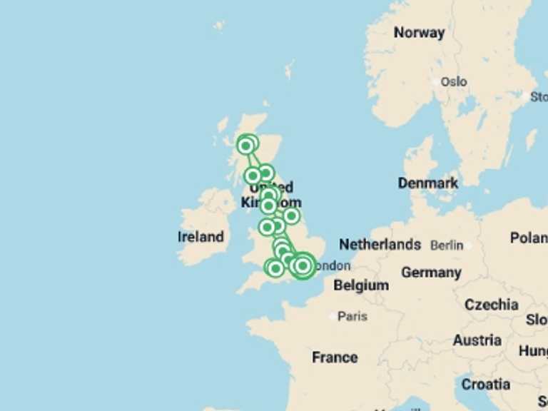 Map of Europe Tour with 9 destination visits for the trip: England and Scotland 35 to 45