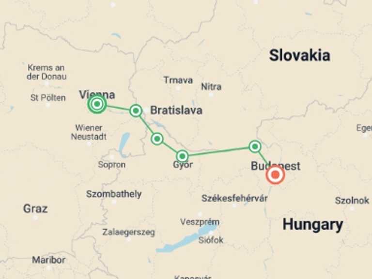 Map itinerary of Vienna Tour in October 2026 with 7 destination visits for the trip: Cycling from Vienna to Budapest