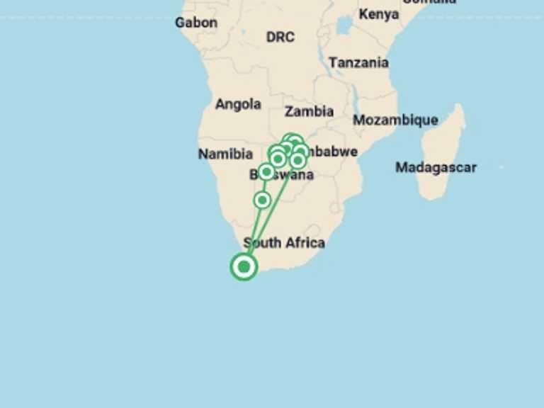 Map of South Africa Tour with 11 destination visits for the trip: Wildlife & Waterfalls - 2026