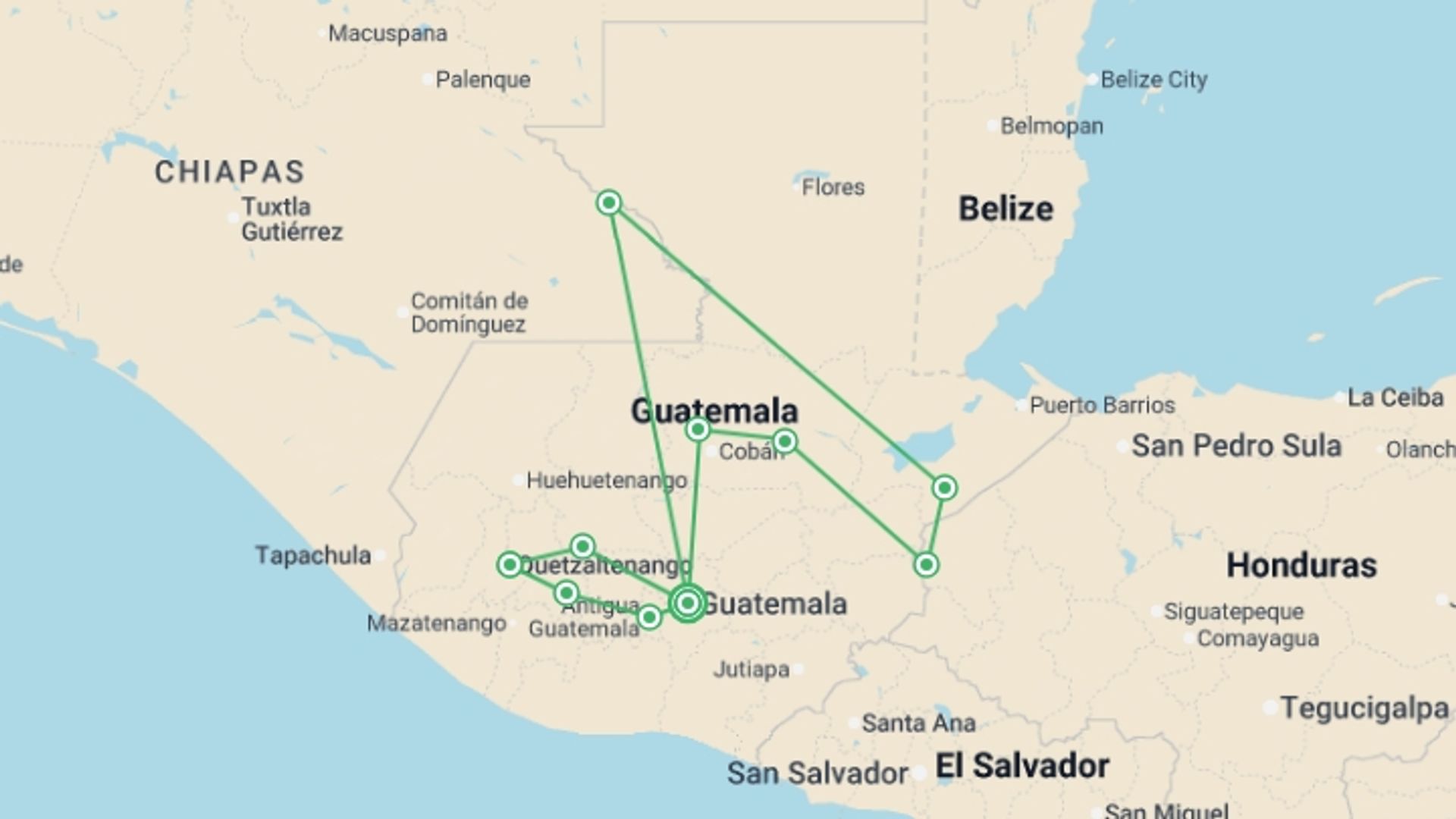 A map showing the tour itinerary for the trip: Mayan Treasures, starting in Guatemala City, Guatemala and ending in Guatemala City, Guatemala going through 9 other destinations.