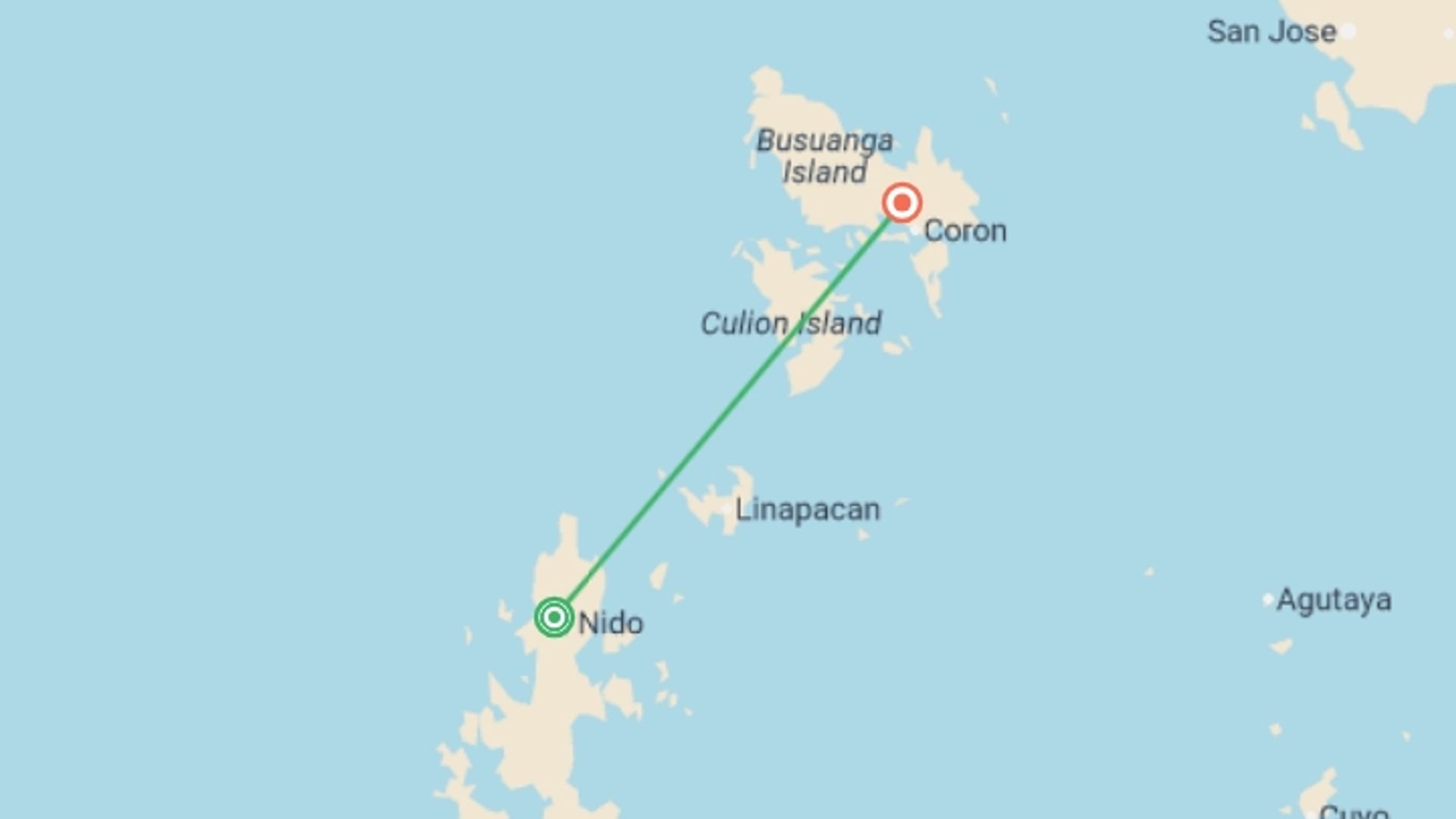 A map showing the tour itinerary for the trip: Philippines’ Palawan: See & Experience it ALL in 7 days, starting in El Nido, Philippines and ending in Coron, Philippines going through 0 other destinations.