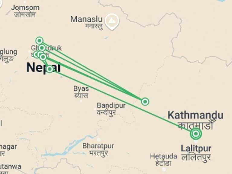 Map itinerary of Pokhara Tour in July 2026 with 9 destination visits for the trip: Mardi Himal Trek: Thirteen Days