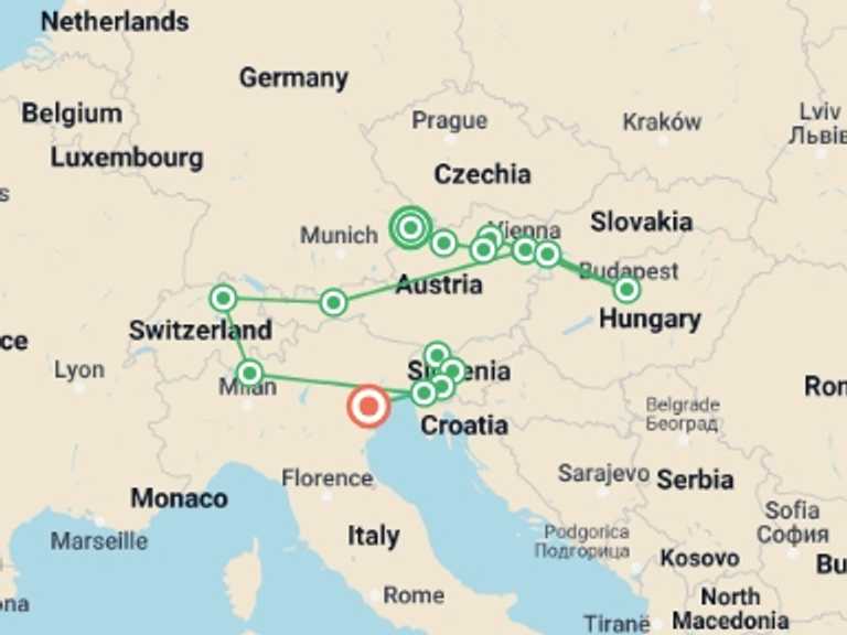Map of 15-Day Europe Tour with 12 destination visits for the trip: Cruise & Rail: Grand Alpine & the Enchanting Danube (2026)