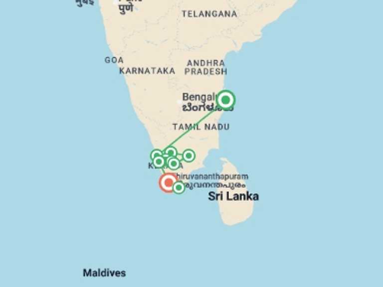 Map of 14-Day India Tour with 11 destination visits for the trip: Kerala & the Tropical South