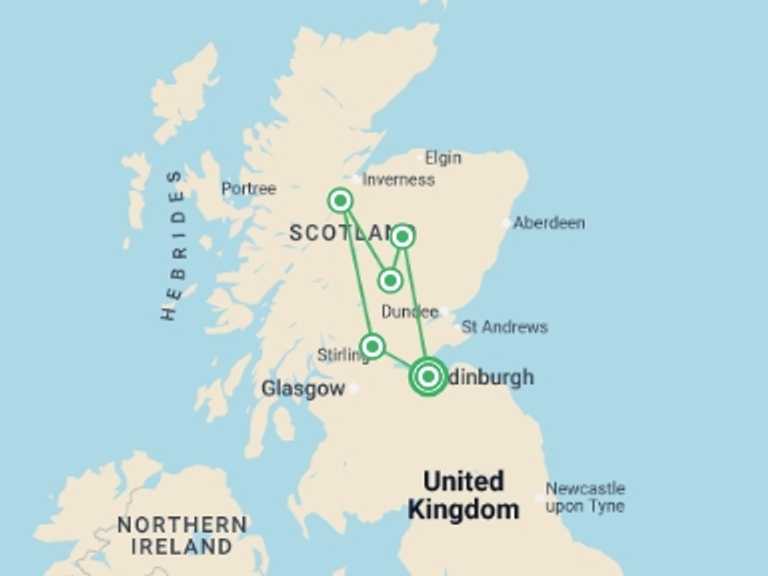 Map of Europe Cultural, religious and historic sites Tour with 5 destination visits for the trip: Classic Scotland: Edinburgh to the Highlands
