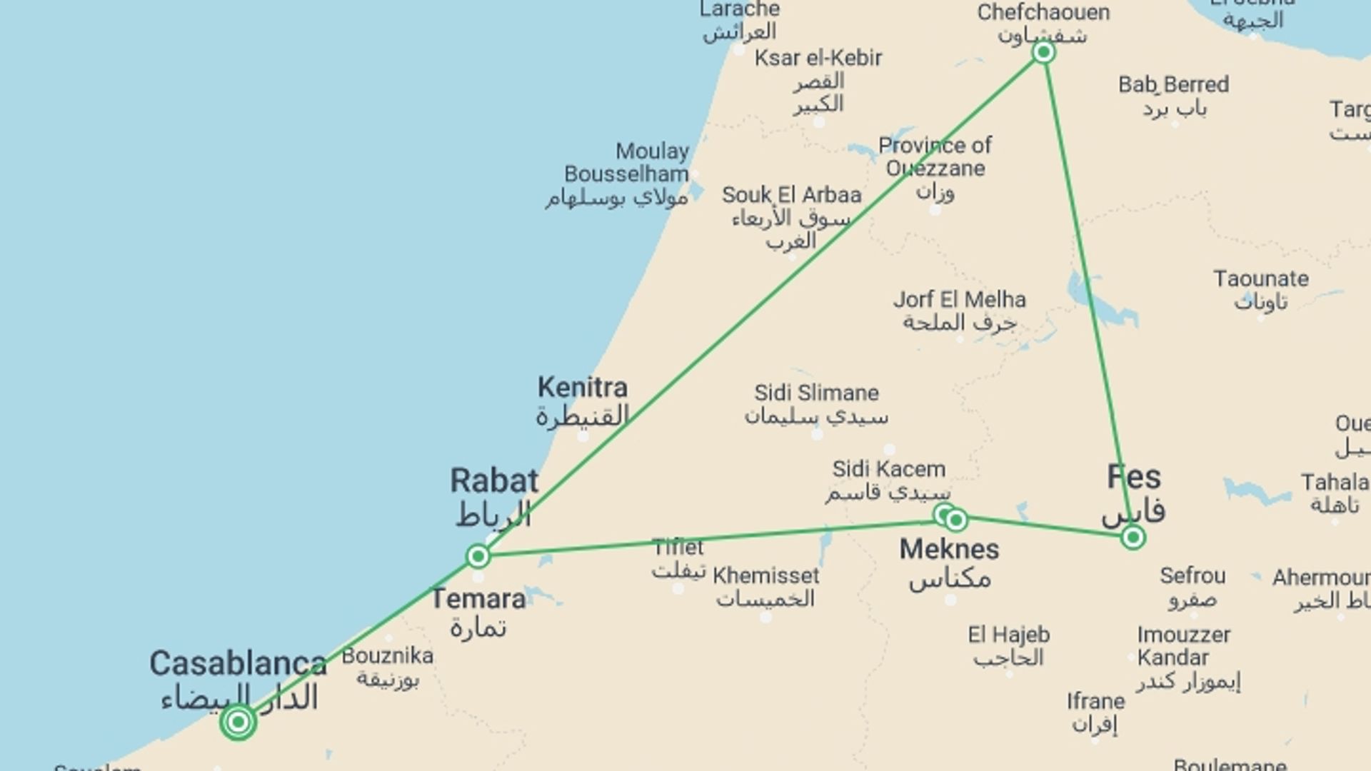 A map showing the tour itinerary for the trip: Morocco Activity & Wellness Tour, starting in Casablanca, Morocco and ending in Casablanca, Morocco going through 4 other destinations.