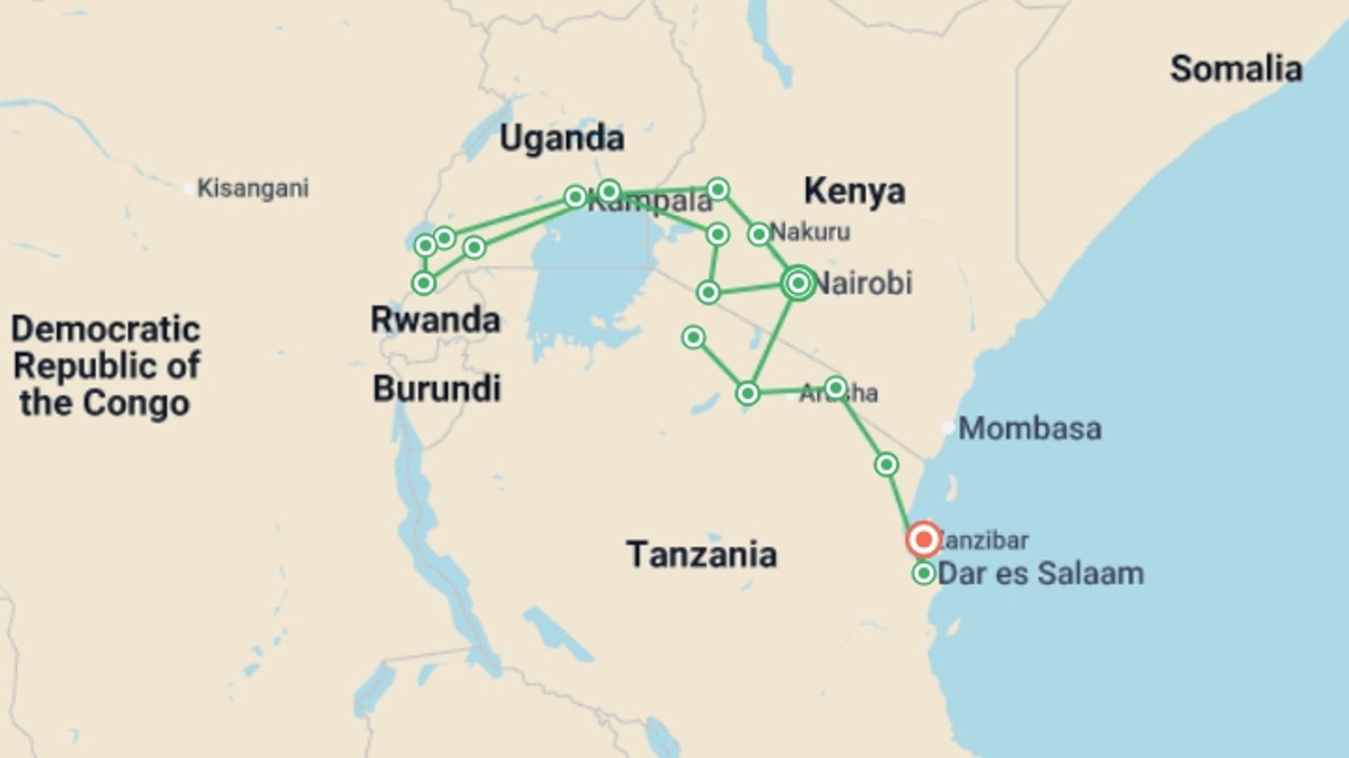 A map showing the tour itinerary for the trip: Gorillas, Game Parks & Beaches, starting in Nairobi, Kenya and ending in Zanzibar, Tanzania going through 17 other destinations.