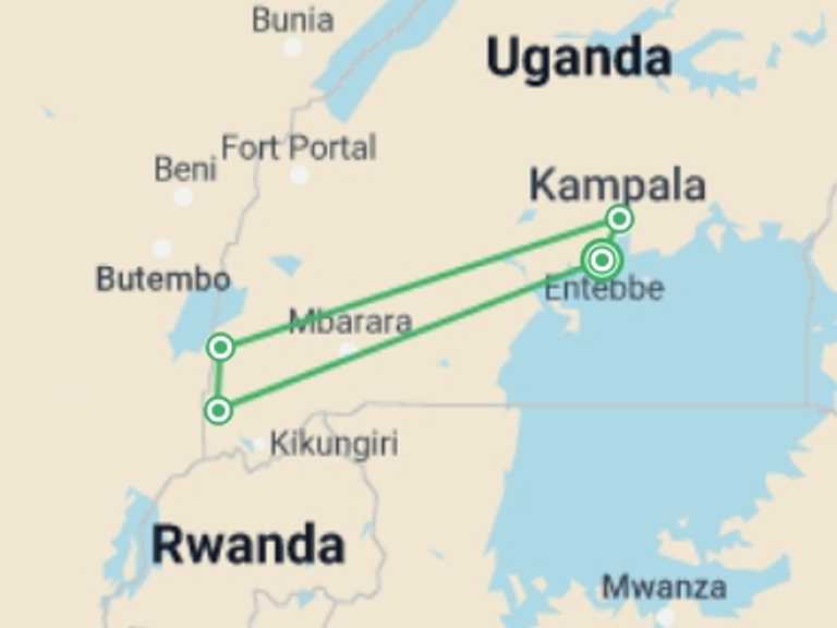 Map of Uganda Tour with 4 destination visits for the trip: 7 Days Adventure Holiday Package in Uganda